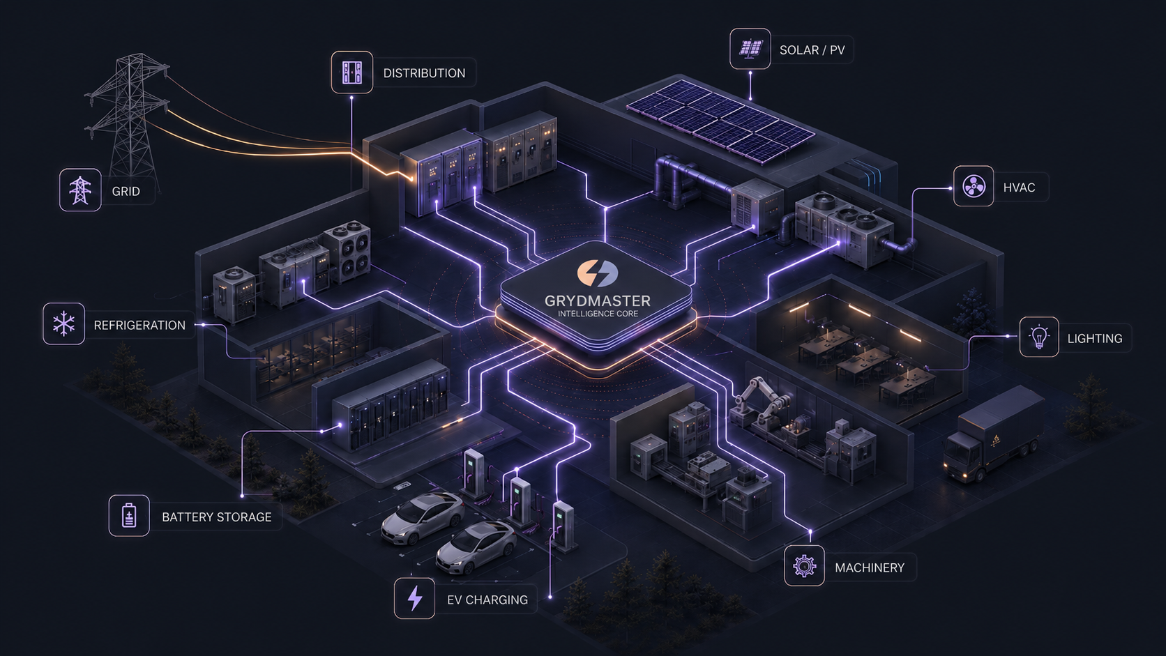 GRYDMASTER intelligence core connecting grid, distribution, solar, HVAC, lighting, machinery, EV charging, battery storage and refrigeration across an industrial site